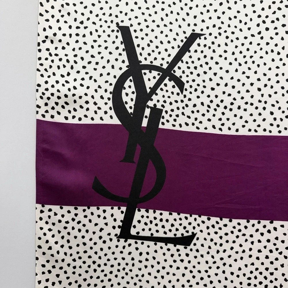 Vintage YSL 100% Silk Shawl Scarf Purple Wide Stripe Black White Dots 36
